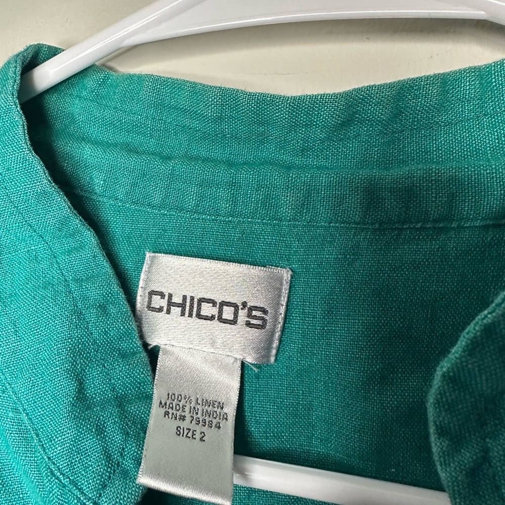 Chicos Women’s 100% Delave Linen Sibley Jade Color Button Down 3/4 Sleeve Jacket - Picture 4 of 6